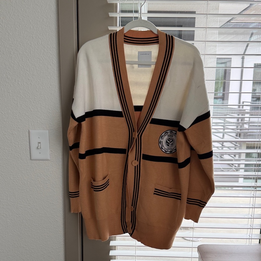 Sandro Tan and White Striped Cardigan